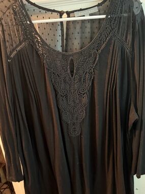 Daniel Rainn Black Crochet-Front Sheer Yoke Top